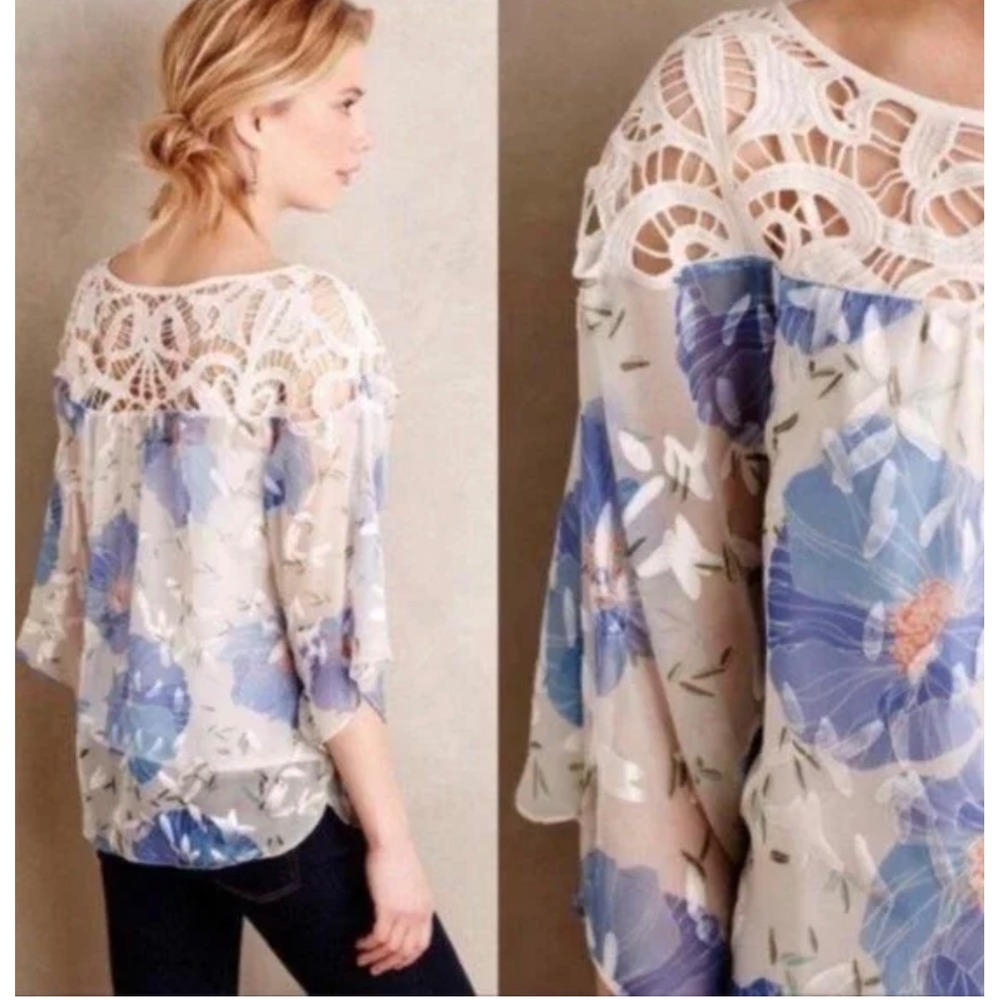 Vanessa Virginia‎ Anthropologie Floral Lace Sheer Blouse Top